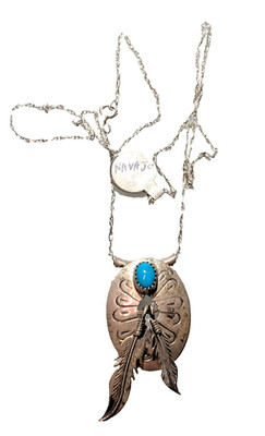 Vintage Navajo Running Bear Turquoise Eagle Feather Pendant Necklace #27