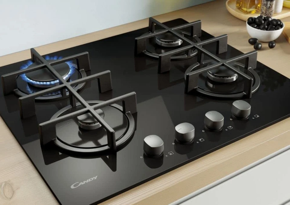 Candy Piano Cottura a Gas 4 Fuochi in Vetro Temperato Griglie in Ghisa Lavabili - Immagine 4 di 4