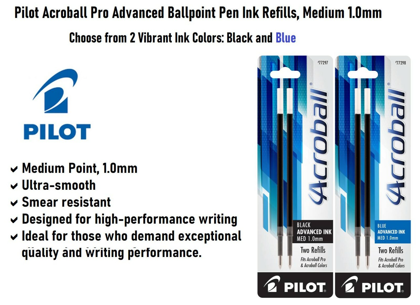 Pilot Acroball Pro Ballpoint Pen Ink Refills, 1.0mm, Medium Point, 3 Packs