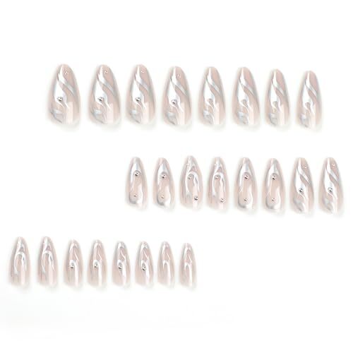 Press on Nails Medium Almond Fake Nails Glossy Glue on Nails 03301Silver - Picture 4 of 7