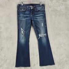 True Religion Jeans Womens 29 Joey Low Rise Flare Y2K Distressed Flap Pocket