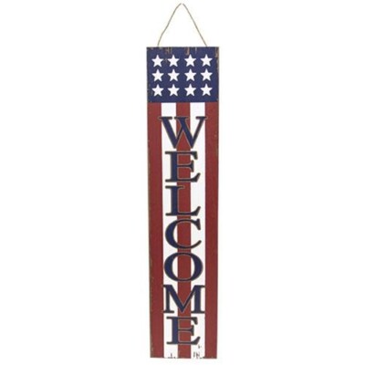 Patriotic Wooden Porch Sign, ''Welcome'' Wooden Americana Design With Jute Strap
