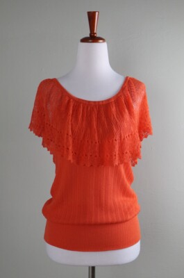 CACHE NWT $88 Orange Crochet Stretch Knit Off Shoulder Top Size Small
