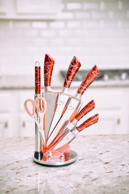 7 Piece Red Marble Knife Set