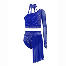Kids Girls Sparkly Lyrical Dance Outfit Crop Tops and Irregular Skirt Dancewear