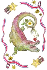 Japanese Postcard: Rainbow Alligator or Crocodile with Stars. Yuko Higuchi