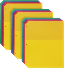 Poly Binder Dividers, Divider for 3 Ring Binder, Double Pocket, 3 Hole Punch Org