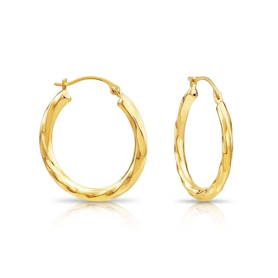 Pendientes de aro medianos criollos redondos retorcidos de oro amarillo macizo real de 14K de 2 mm x 22 mm Foto 3 de 4