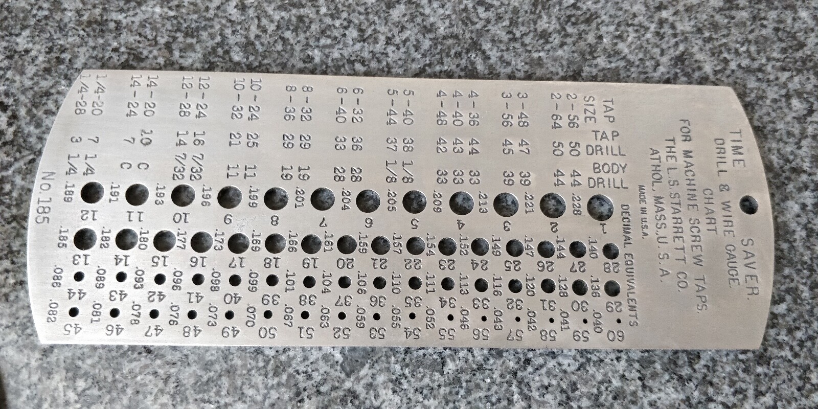 excellent Vintage Starrett No. 185 Tap Drill & Wire Gauge Scale Time