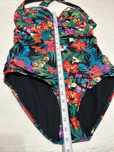 Catalina Swimsuit Size XL 16 18 One Piece Halter Front Fully Lined Black Floral - Picture 3 of 8