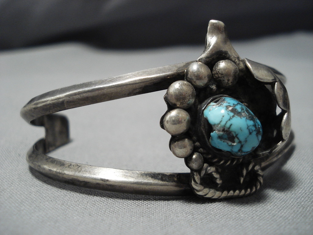 SY VINTAGE NAVAJO BLUE WARRIOR TURQUOISE STERLING SILVER BRACELET