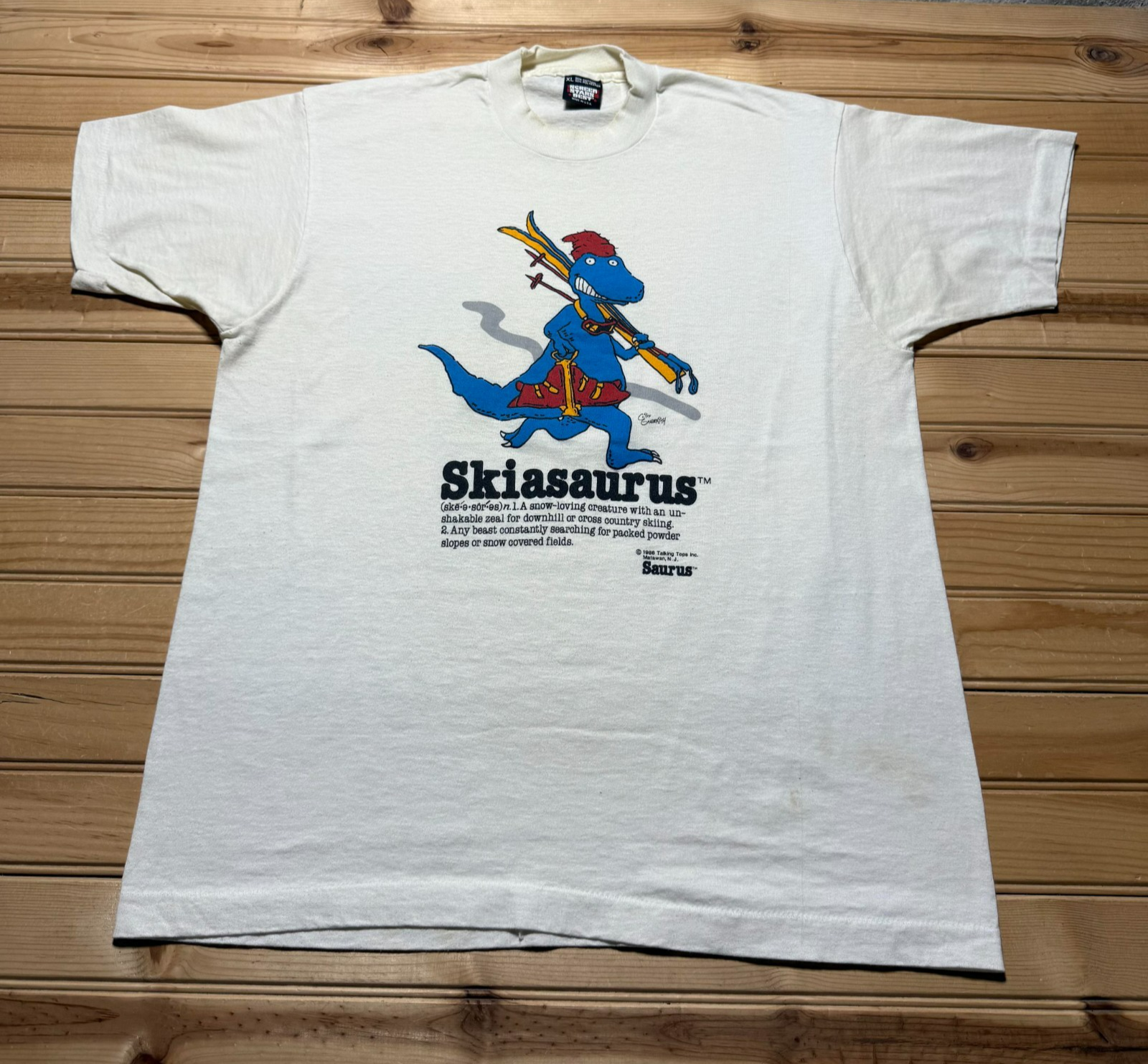 Vintage 1986 Skiasaurus Talking Tops Dinosaur Ski Art Single Stitch Shirt USA XL