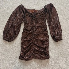 Lovers and Friends Amber Sequin Mini Dress Womens XS Brown Off Shoulder Party