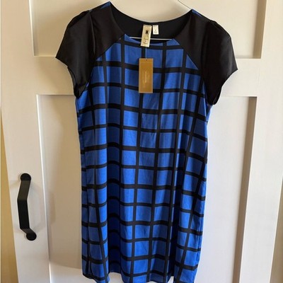 NWT  Needle & Thread Windowpane Shift Dress Women's Size Large Blue Black