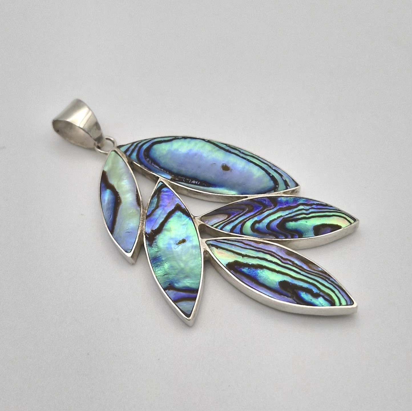 Vintage Solid Silver Abalone Paua Shell Leaf Pend… - image 3