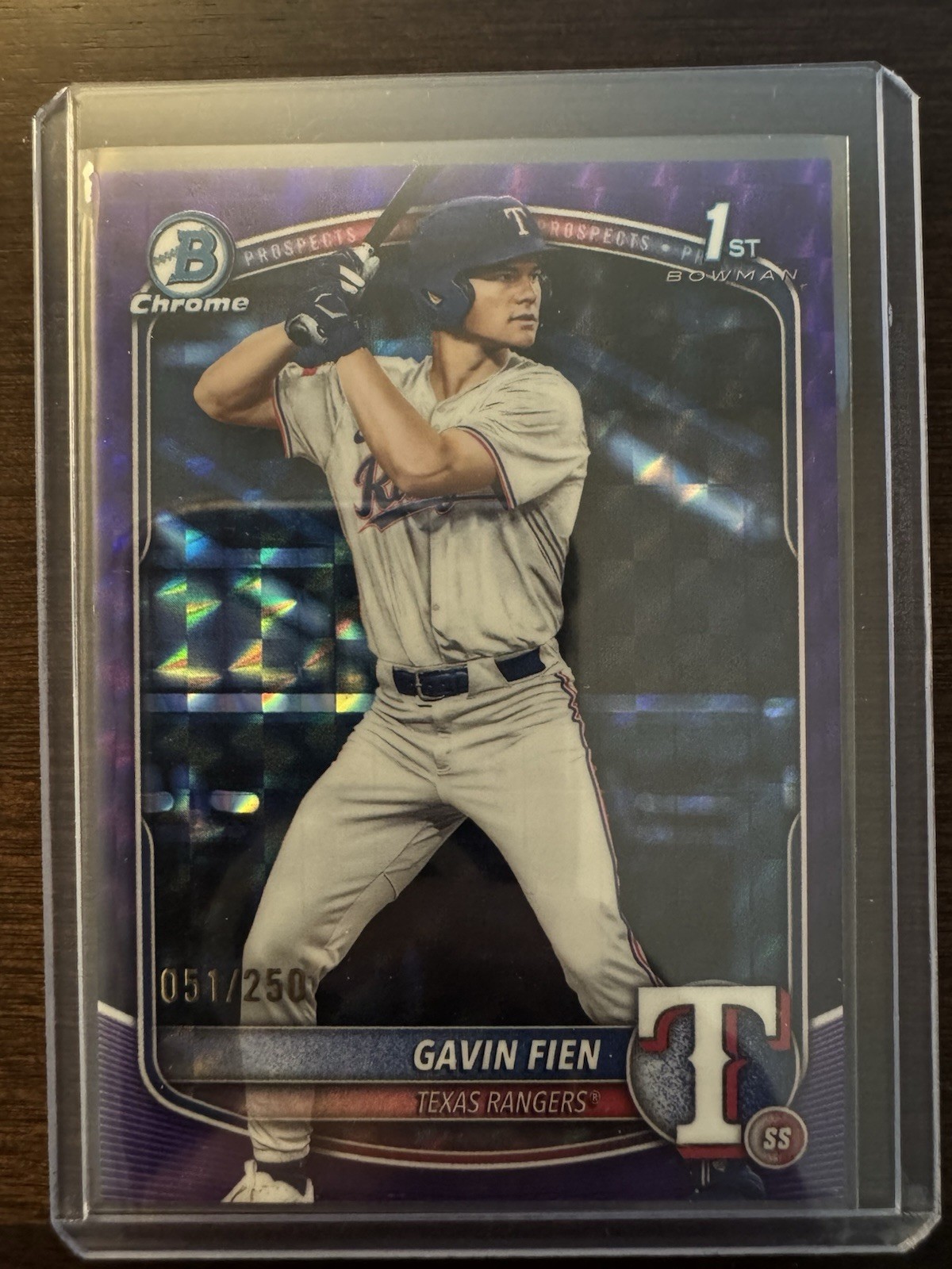 2025 Bowman Draft Gavin Fien Chrome Purple Geometric Refractor 1st #/250 Rangers
