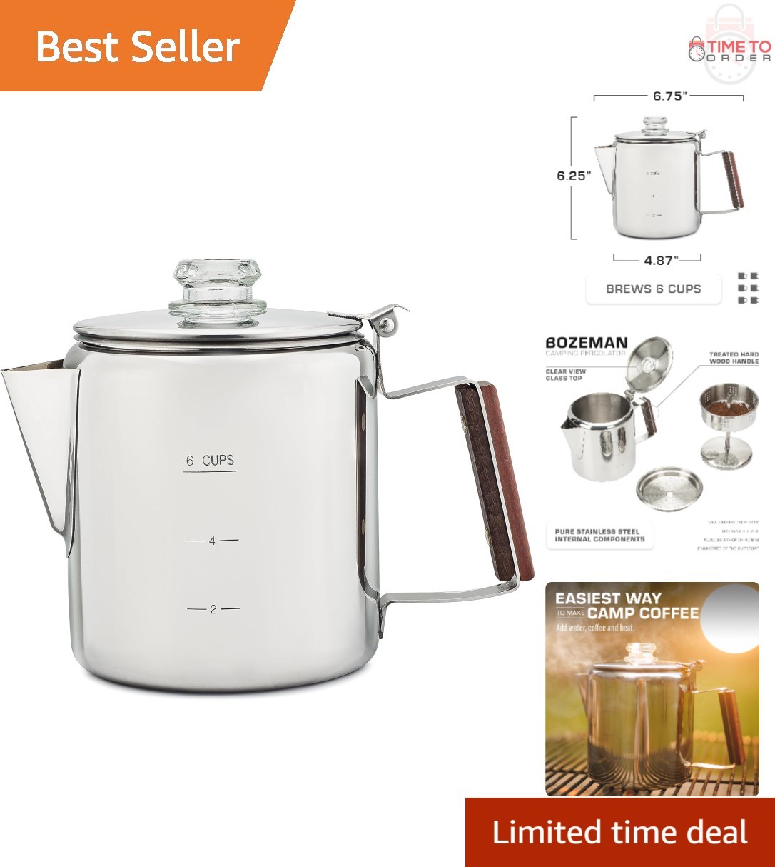 Stainless Steel Coffee Percolator 6 Cup Manual Camping Stovetop Off Grid