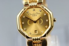 [Exc+5] Montre Christian Dior D48-153 Gold Octogon CD Logo 11 Diamonds Ladies Qz