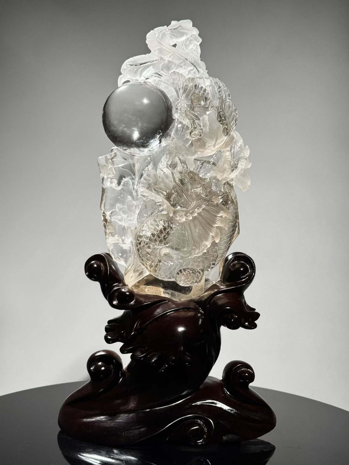 9.24LB TOP Natural smoky clear quartz carved crystal dragon Decoration+stand