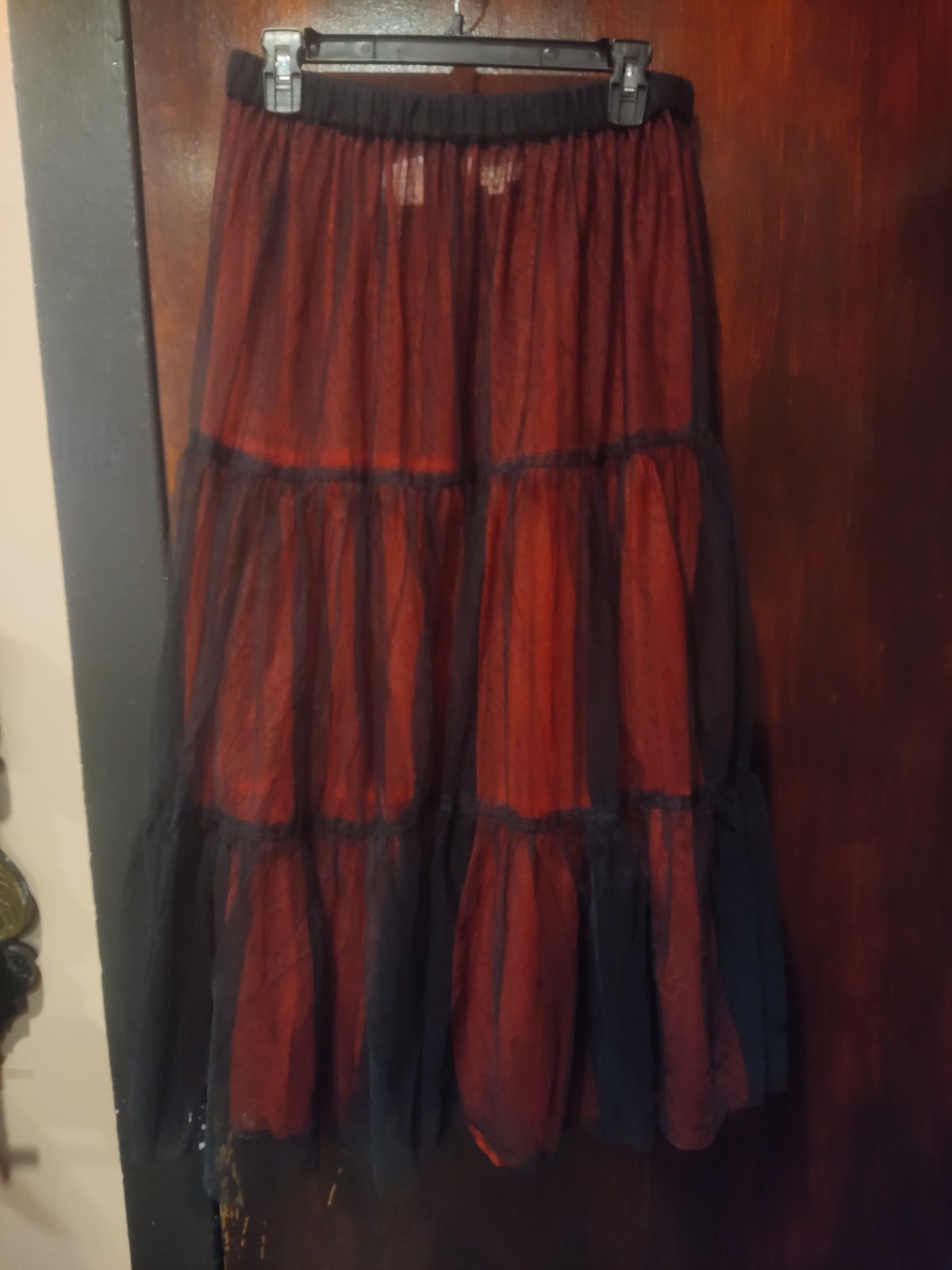 Masai Red Black Tiered Sheer Gothic Maxi Flared Skirt M