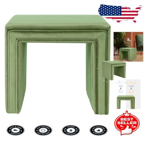 Stylish Channel Tufted Ottoman in Green Velvet - Versatile Home Footstool
