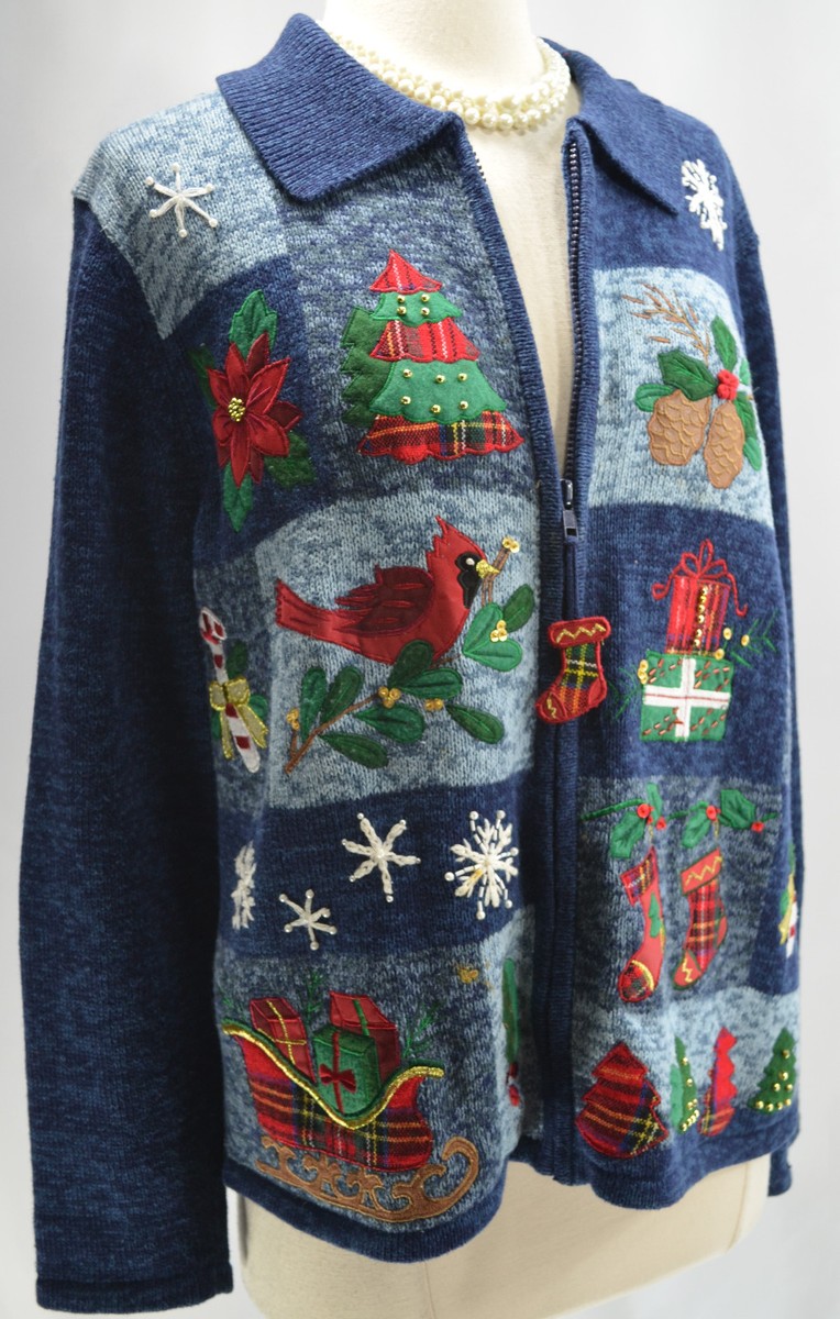 FUGLY TACKY CHRISTMAS Ugly Winner SWEATER Tiara International ZIP Cardigan  3D L