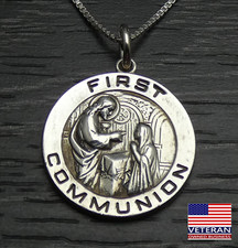 Vintage Sterling Silver First Communion Round Jesus Pendant Box Necklace 20 inch
