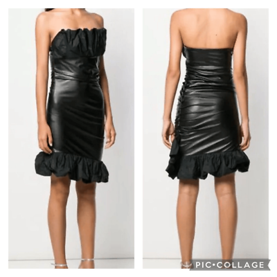 Pinko Black Faux Leather Strapless Dress Ruffle Trim Size 4 | eBay