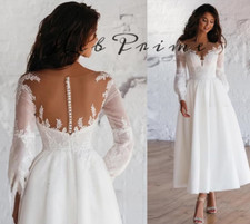Elegant A-Line Beach Wedding Dress Short Gown with Long Sleeves and Scoop Neck