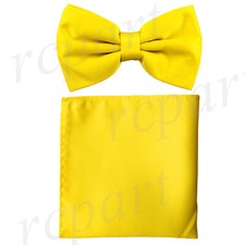 New formal men's pre tied Bow tie  Pocket Square Hankie solid yellow wedding