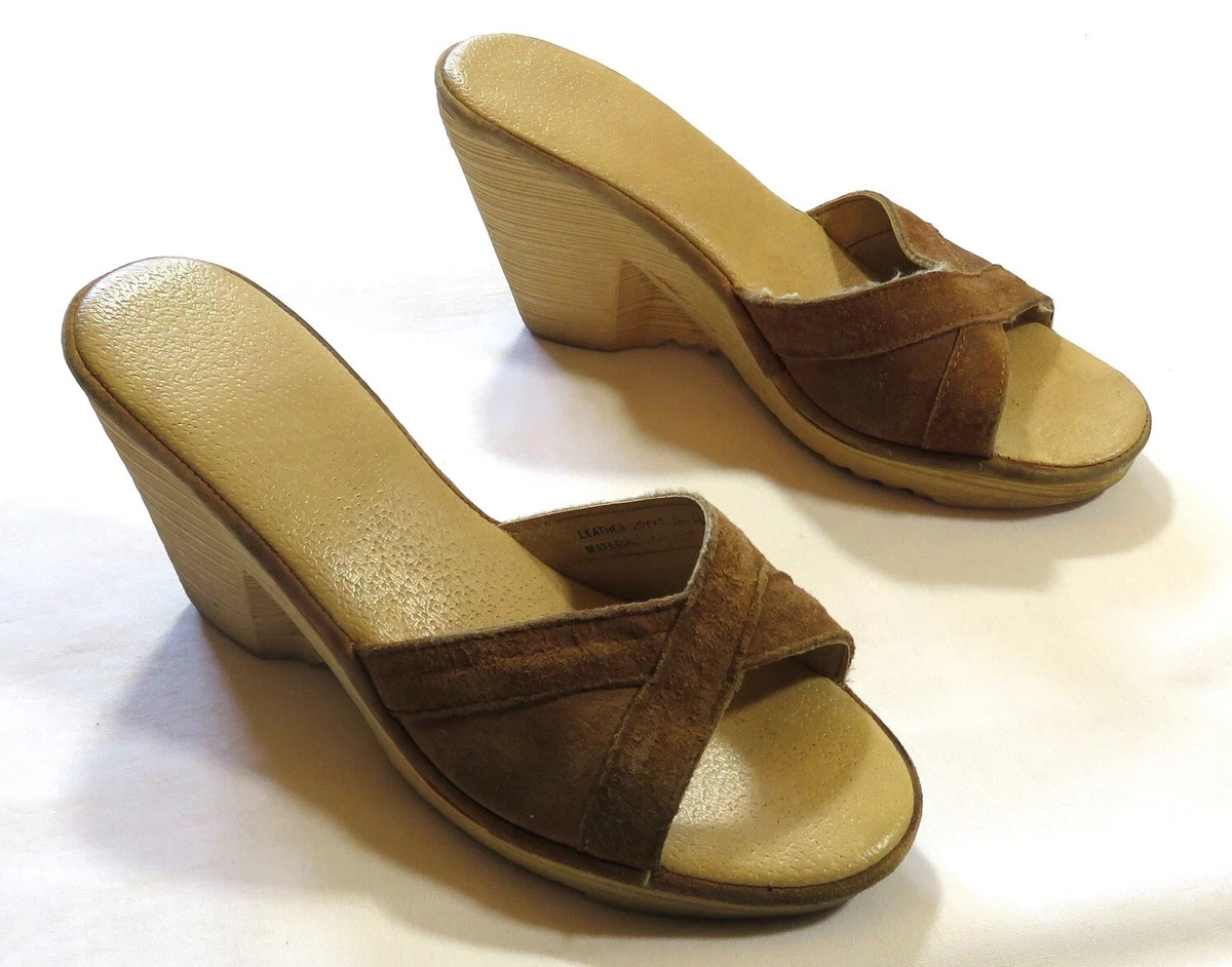 Platform Vintage 70 s Shoes WEDGE MULES Rubber Suede Leather Brown 6 6 1 2