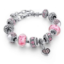 PANDORA SILVER BRACELET WITH CRYSTAL HEART AND LOVE EUROPEAN CHARMS
