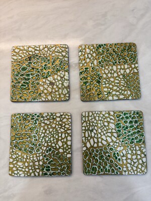 Handcrafted Ceramic Mosaic Coaster Set with Holder   Gold & Green Eggshell Inlay