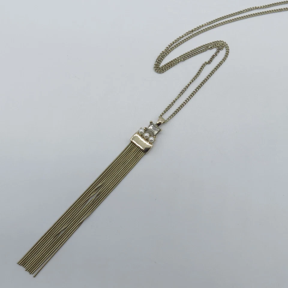 Collar Colgante Largo con Flecos de Perlas Imitadas Tono Dorado Boho Bohemio 30" Foto 4 de 4