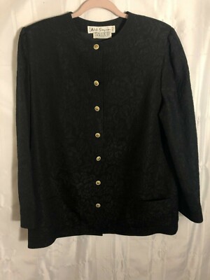 Vntg Adele Simpson Ballets Black Women s Size 14 Pleated Floral Button Up Jacket