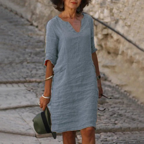 Women Short Sleeve Cotton Linen Midi Dress Ladies Solid V Neck Loose Sundress US - Bild 6 von 40