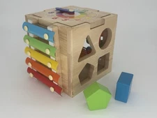 HELLOWOOD Wooden Activity Cube, 8-in-1 Montessori Toys for 1+ Sorting Stacking