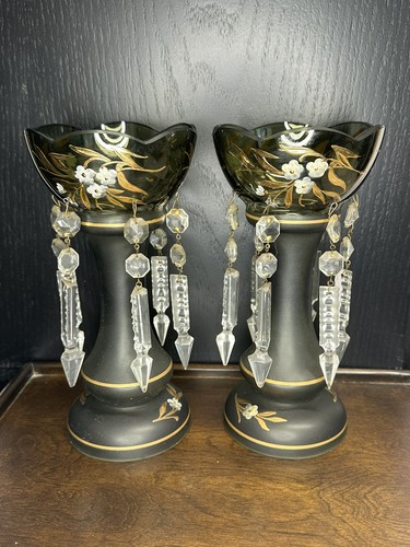 Antique Mantle Lusters with French Crystal Spear Prisms Set of 2 - Hand Painted