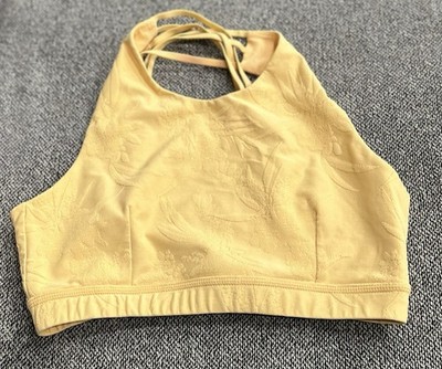 MONO B Women's Sports Bra Floral Jacquard Yellow Cross Back Pullover Medium