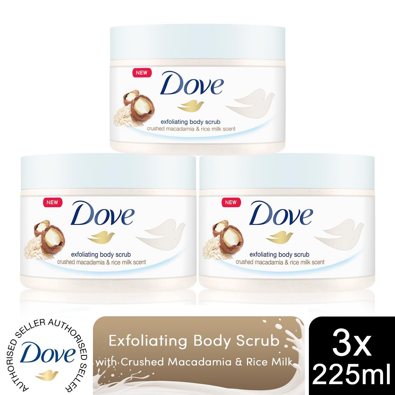 Dove Exfoliating Body Scrub with Crushed Macadamia & Rice Milk Scent, 3x225ml