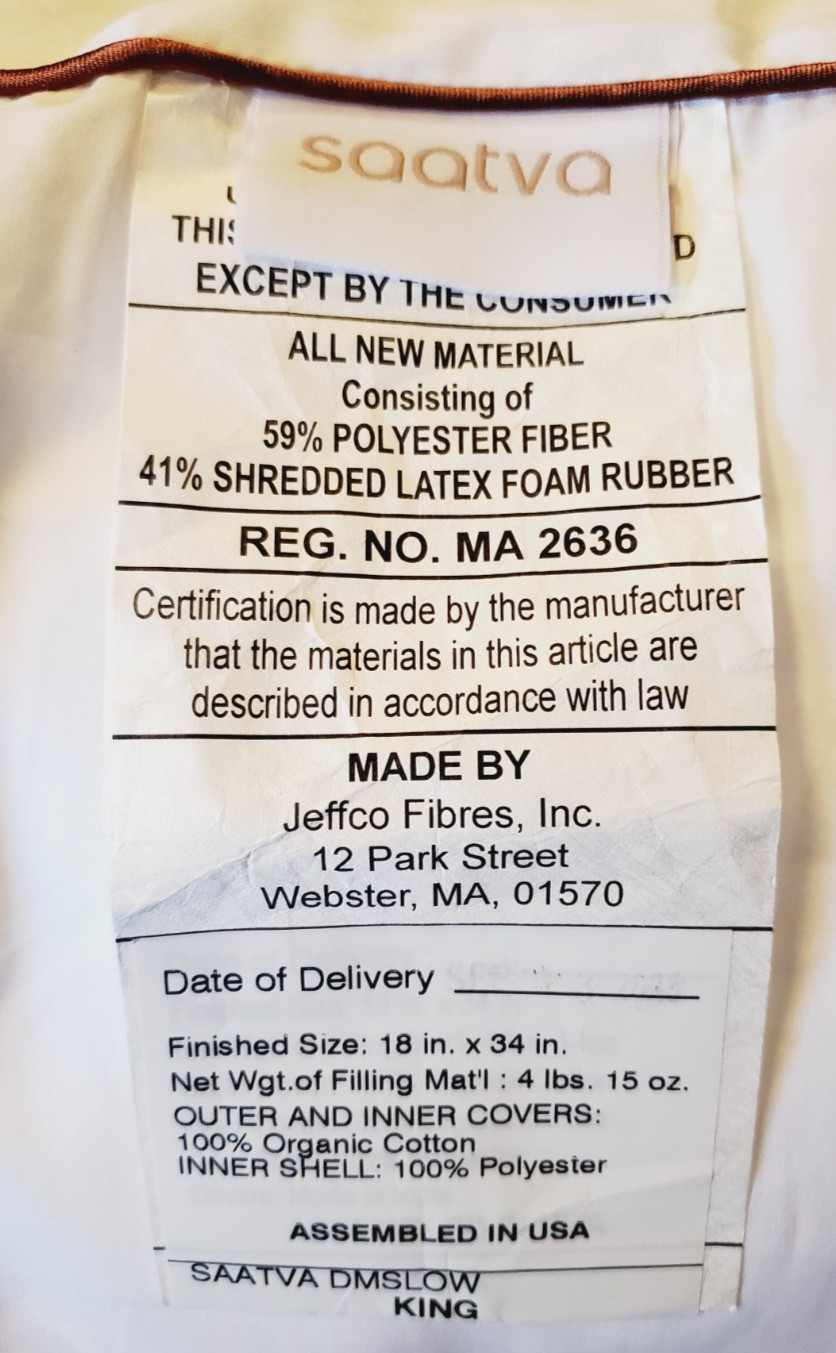 SAATVA LATEX PILLOW KING Sz 18x34 ORGANIC COTTON Luxury STANDARD LOFT 185.