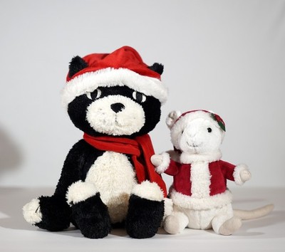 LOT of 2 Pre-Owned AUTHENTIC Jellycat Christmas Cat & Merry Mouse Plush Toys