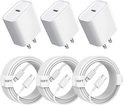 3Pack 20W USB-C Fast Charger with 10FT USB-C Cables for iPhone 16/15/iPad  White