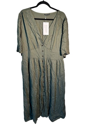 Bloomchic Women's Plus 18 Army Green V-Neck Short Sleeve Midi Dress Rayon NWT