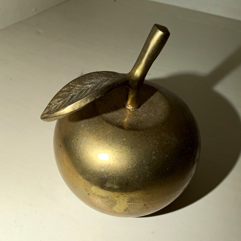 Brass Metal Apple Shaped Bell Decorative Figurine with Stem & Leaf