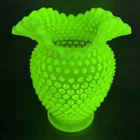Pre WW2 - Fenton Hobnail Double Crimp Ruffled Vase 6" Vaseline Topaz Opalescent