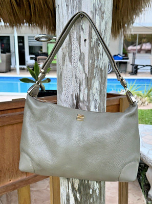 VINTAGE GIVENCHY GRAY GREEN LEATHER GOLD LOGO DETAIL ZIP TOP SHOULDER BAG PURSE
