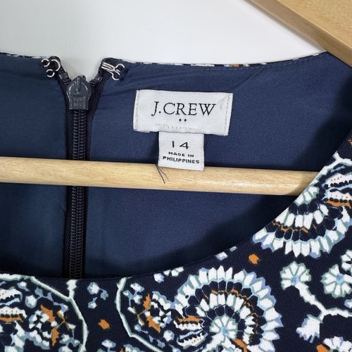 J Crew Belted Dress Size 14 Navy Blue Floral Paisley Lined Classic Office Modest - Picture 3 of 8