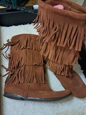 Minnetonka Women's Brown Suede Leather Fringe Tall Moccasin Boots Size 10