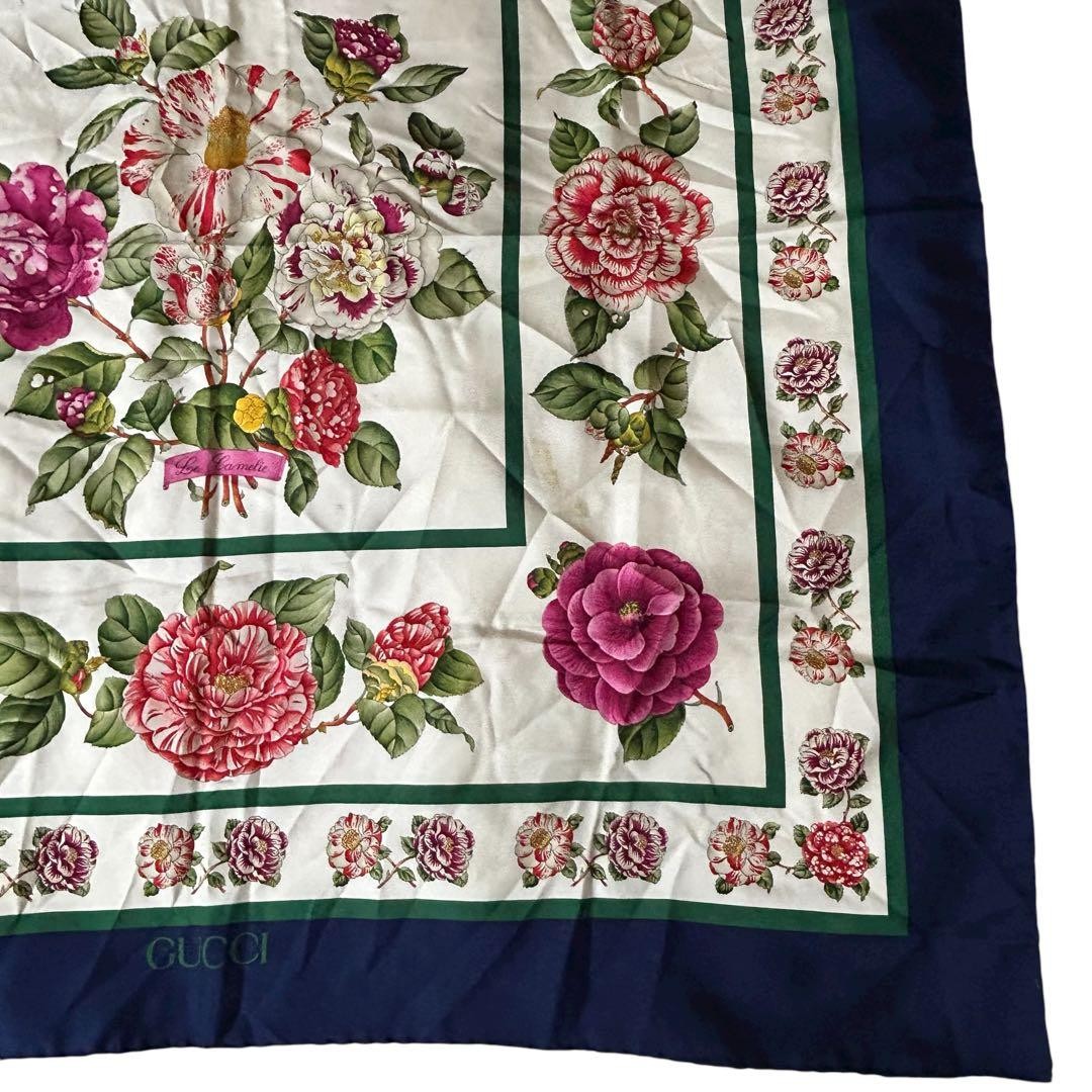 Auth GUCCI Floral Pattern Large Scarf Stole 100％ Silk Navy Le Camelie thumbnail 18